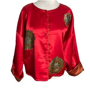 Vintage Josie Natori Chinese Style Red Satin  Jacket  Top Wide‎ Sleeves Medium